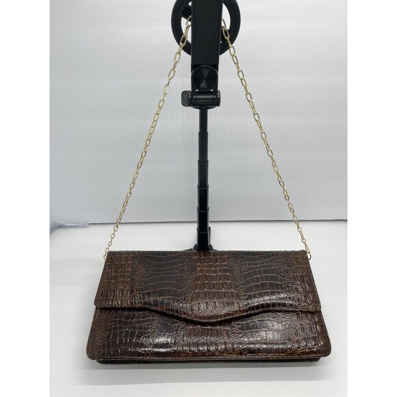 Vintage Clutch Handbag Envelope Style Snake Gator print brown Faux Leather Chain - Picture 10 of 16